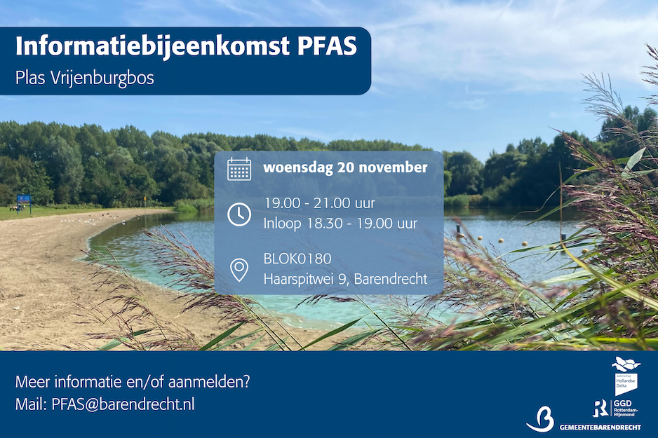 Flyer voor de informatiebijeenkomst PFAS. Alle informatie in de flyer staat ook in de lopende tekst.