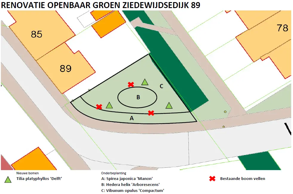 Plattegrond renovatie openbaar groen Ziedewijksedijk 89